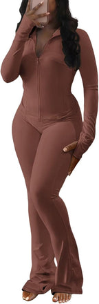 Ophestin Women 2 Piece Outfits Fall Long Sleeve Zip Up Jacket Flare Legging Workout Sets with Pockets Tracksuit Active