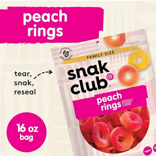 Snak Club Peach Rings Gummy Candy, Fruit Flavored Candy Gummies, Soft and Chewy, Gluten-Free and Vegan Snacks, 16 oz Resealable Bag