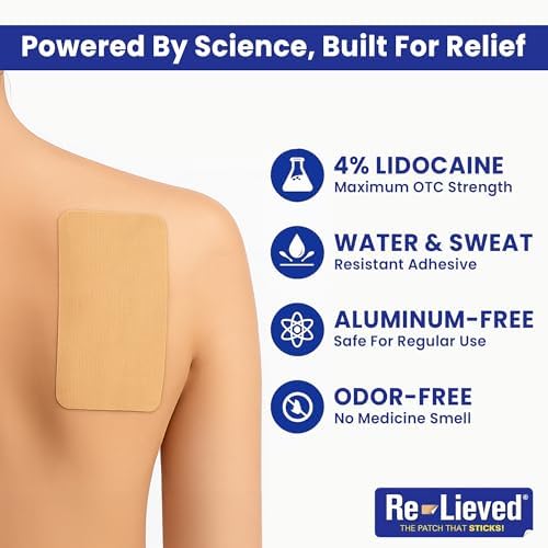 Re-Lieved 4% Lidocaine Patches Maximum Strength - Aluminum-Free, Water Resistant and USA Made -Superior Sticking Pain Relief Patches Quickly Relieves Back, Joints and Muscle Pain-3x6 Inches (20 Count)