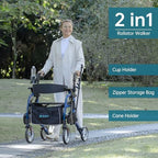 ELENKER 2 in 1 Rollator Walker & Transport Chair for Seniors, Folding Rolling Walker Wheelchair Combo with Wide Seat and Shock Absorber, Blue