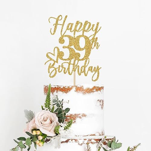 Gold Glitter Happy Birthday Cake Topper, Funny Happy Birthday Party Supplies (happy 39th birthday, Gold Glitter)
