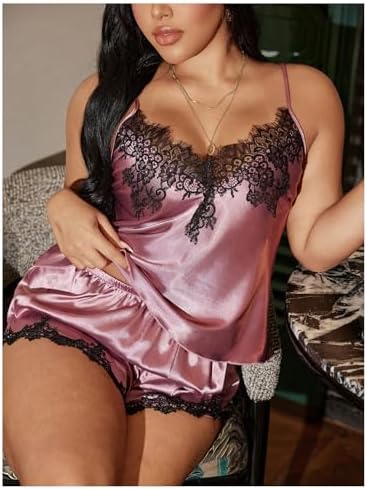MakeMeChic Women's Plus Size 2 Piece Satin Lace Trim Pajama Sets Spaghetti Strap Fall Y2K Sleepwear Outfits