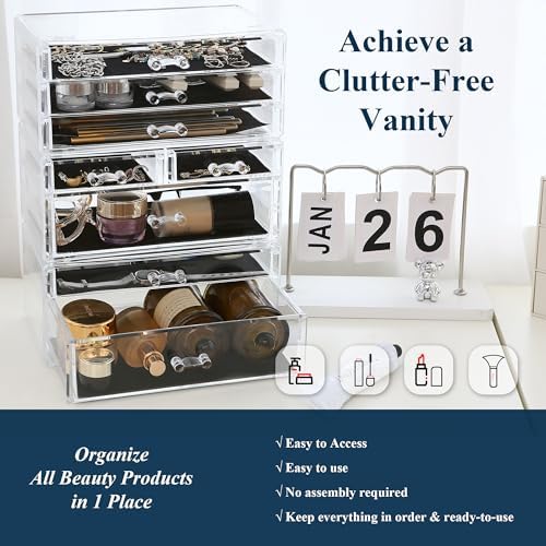 Sea Team 3-Tier Stackable Clear Makeup Organizer with Drawers, Acrylic Plastic Cosmetic Display Case, Jewelry Storage Box, Holder for Dresser, Bathroom, Vanity, Countertop (8 Drawers)