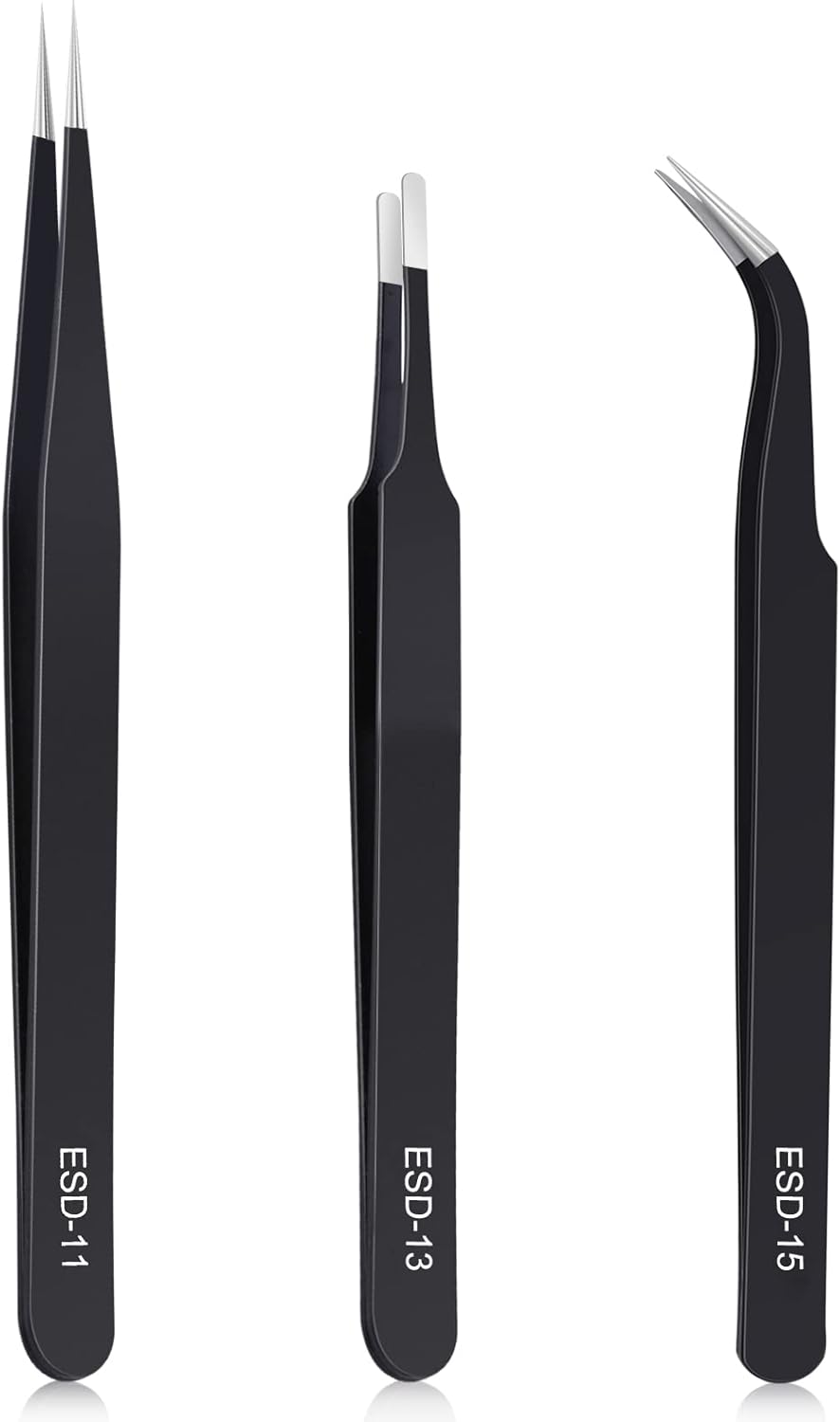 kaverme 3PCS Precision Tweezers Set, Upgraded Anti-Static Stainless Steel of Tweezers, for Electronics, Soldering, Laboratory Work, Jewelry-Making, Model, Craft