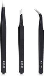 kaverme 3PCS Precision Tweezers Set, Upgraded Anti-Static Stainless Steel of Tweezers, for Electronics, Soldering, Laboratory Work, Jewelry-Making, Model, Craft