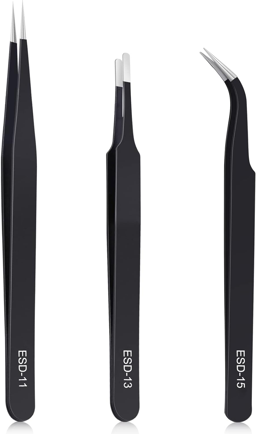 3PCS Precision Tweezers Set, Upgraded Anti-Static Stainless Steel of Tweezers, for Electronics, Soldering, Laboratory Work, Jewelry-Making, Model, Craft