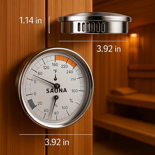 Mechanical Sauna Thermometer Hygrometer, Stainless Steel & Fog-Resistant Glass, 2-in-1 Temperature (70–250°F) and Humidity (0–100%) Gauge