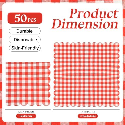 50PCS Red Scalloped Gingham Paper Napkins - Red and White Striped Luncheon Napkin, Checkered Dessert Napkins, Disposable Decorations Supplies for Birthday Baby Shower Wedding Party