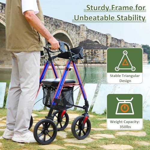 WALK MATE Rollator Walker for Seniors, 10 Inch Big Wheels, Reinforced Aluminum Frame 350lb Weight Capacity, Foldable All Terrain Rolling Walker with Seat, Lightweight Adjustable Height, Blue