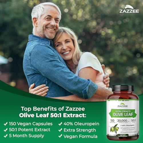 Zazzee Extra Strength Olive Leaf 50:1 Extract, 40% Oleuropein, 150 Vegan Capsules, 5 Month Supply, Olea Europaea, Mediterranean Source, Potent Antioxidant & Immune Support, Non-GMO, Made in the USA