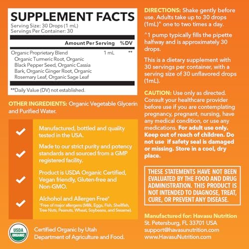 USDA Organic Turmeric Liquid Drops with Black Pepper - 1000mg Curcumin Supplement for Immune & Digestive Health - 30 Servings - Enhanced Absorption - Non-GMO, Vegan, Gluten Free - Unflavored, 1 Fl Oz