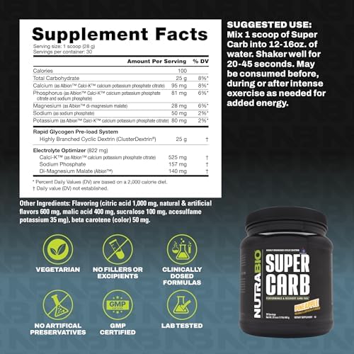 NutraBio Super Carb, Carbohydrate Powder with Cluster Dextrin & Electrolytes, Advanced Carb Supplement Powder for Workout Fuel, Performance, and Muscle Recovery, Cyclic Dextrin, Pineapple, 30 Sv