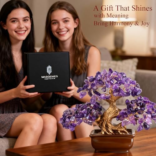 Amethyst Crystal Tree Bonsai – Handmade Tree of Life with Natural Amethyst Gemstones – Feng Shui Money Tree Chakra Healing, Spiritual Growth & Positive Energy Decor Gift 6 Inches