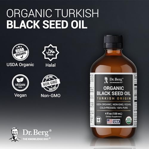 Dr. Berg Black Seed Oil Organic Cold Pressed – Pure Nigella Sativa Black Cumin Oil – USDA Organic, Halal, Vegan – for Hair, Skin, Immune Support – Unrefined Liquid – 4 oz Glass Bottle
