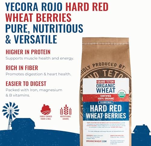 Yecora Rojo Hard Red Wheat Berries by Grand Teton Organic Wheat | Organic Hard Red Spring Wheat Berries for Baking Whole Grain Breads or Milling Into Flour | Non-GMO, (5 Pounds)