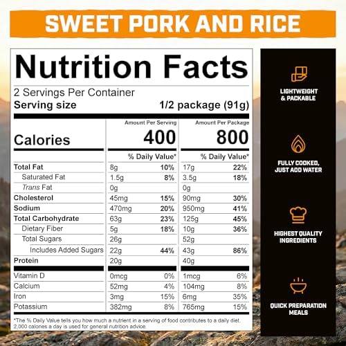 Peak Refuel Sweet Pork & Rice | Premium Freeze Dried Camping Food | Backpacking & Hiking MRE Meals | Just Add Water | 100% Real Meat | 40g of Protein | 2 Serving Pouch