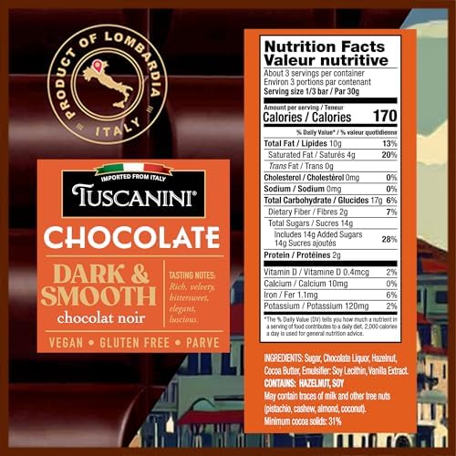 Tuscanini Italian Chocolate Bar, Dark & Smooth, 3.5oz (2 Pack) | Imported from Italy | Vegan, Gluten Free | Dairy Free | Rich Dark Chocolate with Hazelnut & Vanilla | Gourmet European Chocolate