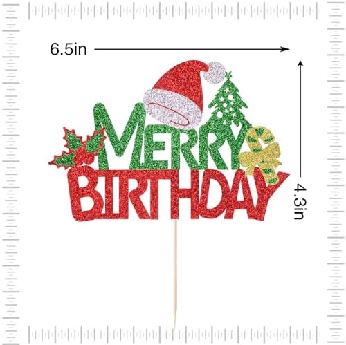 Merry Birthday Cake Topper,New Year Christmas Holiday Party Supplies,Red & Green Glitter Cake Decorations，Winter Holiday Cake Picks-Christmas Birthday Party Supplies