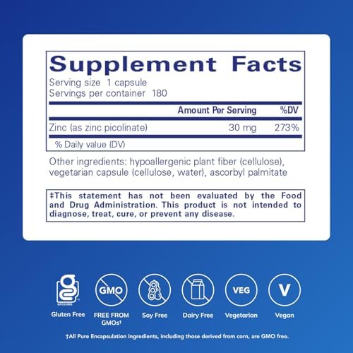Pure Encapsulations Zinc 30 mg - Supplement for Immune System Support, Growth and Development, and Wound Healing* - with Zinc Picolinate 30 mg - 180 Capsules