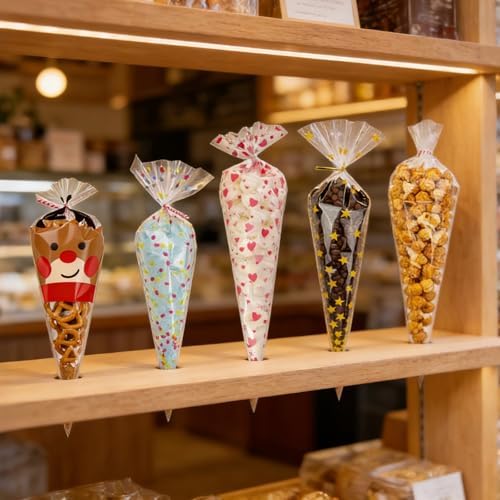EKAPACKAGING 50Pcs 6.3x11.8 Inches Sprinkle Print Cone Shaped Treat Cellophane Bags Twist Tie Triangle Christmas Party Favor Cotton Candy Bags With Ties For Popcorn, Chocolates, Ice Cream Cone