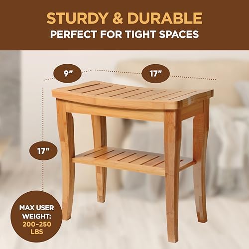 Bamboo Shower Bench - Small Wooden Shower Stool with Storage Shelf, Non-Slip Bathroom Seat, Spa Decor Bath Bench, Foot Rest Shaving Stool for Shower, Indoor Outdoor Use, Great Gift Idea (17" x 9 x 17)
