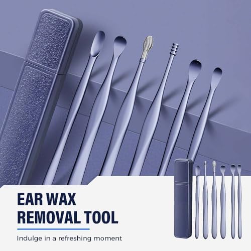 Ear Cleaner, 6pcs Ear Wax Removal Kit, Professional Ear Cleaning Tool Kit, Portable Stainless Steel Ear Pick Set with Cleaning Storage Box (Blue)
