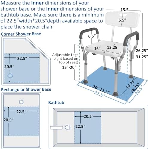 Vaunn Medical Deluxe Spa Shower Chair with Arms and Back, Bath Seat for Seniors, 350 lbs Max Weight, White With Light Gray Arms