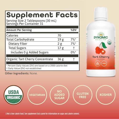 Dynamic Health Organic Tart Cherry Juice, Unsweetened 100% Juice Concentrate, Antioxidants Supplement, No Sweeteners or Additives, Vegan, Gluten Free, BPA Free (32oz)