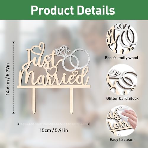 Just Married Cake Topper – Wooden & Silver Glitter Wedding Cake Decoration for Bride and Groom, Ideal for Wedding, Anniversary, and Bridal Shower Celebrations