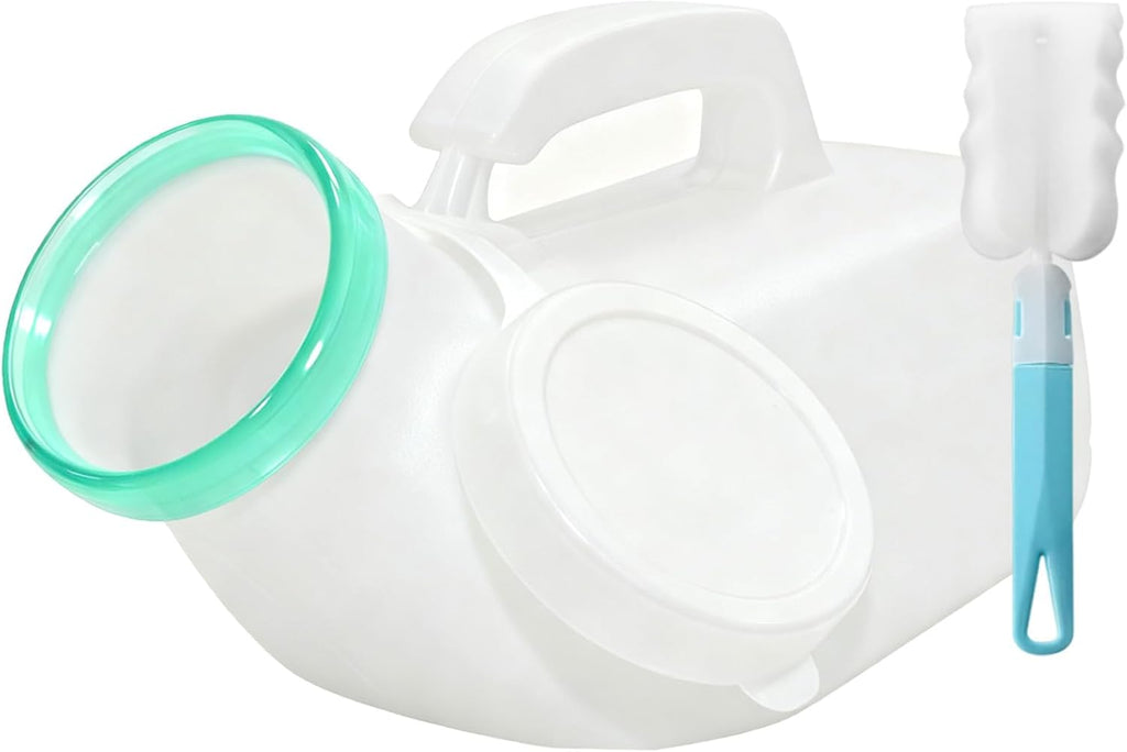Urinals for Men - 1200 mL / 40 oz Thick Plastic Portable Urinals with Cleaning Brush, Anti-Tip Base & Secure Snap-On Lid Urinal for Bedridden, Elderly, Travel (1 Pack)