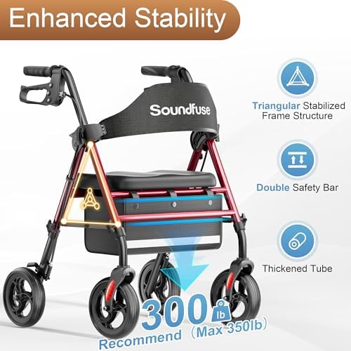SOUNDFUSE Walkers for Seniors, Rollator Walker with Seat, 8" All Terrain Wheels, Double Support Bar, 16" Ergonomic Arc Seat and Comfortable Backrest, Dual Height Adjustable and Foldable Design