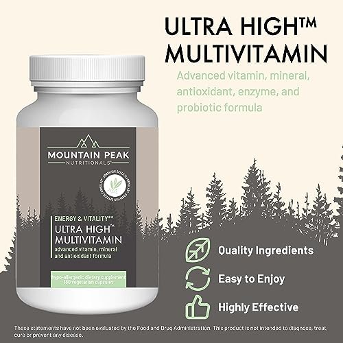 Mountain Peak Nutritionals Ultra High Multivitamin for Men & Women - with Vitamins A, B12, B6, C, D, E, Magnesium, Zinc, Folic Acid, Digestive Enzymes & Probiotics (180 Vegetarian Capsules)