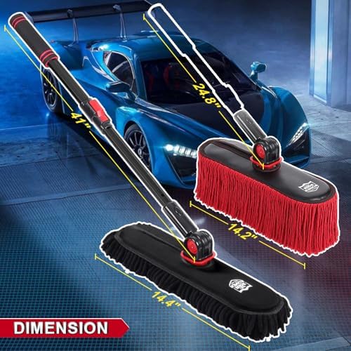 2In1 Brush And Duster For Car Exterior,Chenille Car Wash Brush Mop*1PC,Wax Cotton Car Duster Mop*1PC Remove Dust,Freely Switch A Retractable Black Steel Pole,Car Cleaning Supplies For Boat Truck Rv