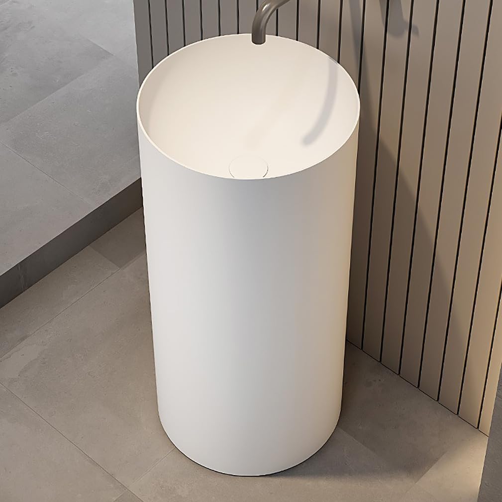 33.5In Bathroom Wash Basin Column Sink Bowl White Stone Vessel Sink Freestanding Sinks Large Wash Hand Basin Modern Round for Home Restaurant Hotel,White/a