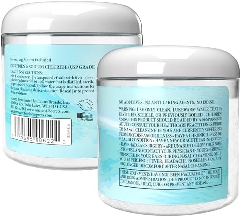 Ancient Secrets Nasal Cleansing Salt, Non-Iodized – USP-Grade Sodium Chloride for Any Neti Pot, Sinus Irrigation System, 10 Oz + Single-Use Travel Pack