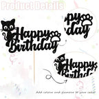 7Pcs Cat Happy Birthday Cake Topper – Black Glitter Kitten Cupcake Decoration for Cat Lovers, Baby Shower, Kids Birthday, Wedding Party Supplies