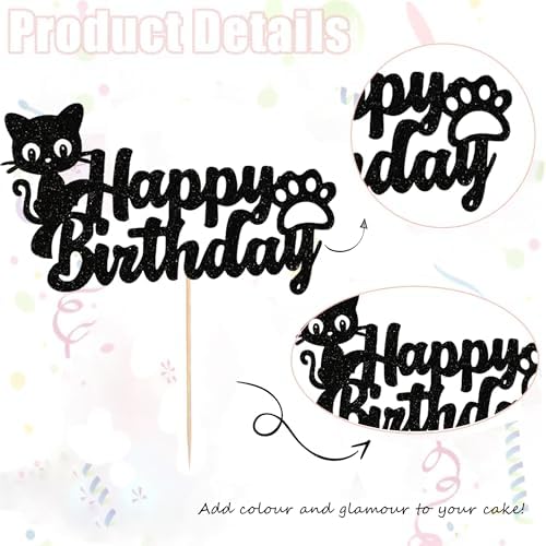 7Pcs Cat Happy Birthday Cake Topper – Black Glitter Kitten Cupcake Decoration for Cat Lovers, Baby Shower, Kids Birthday, Wedding Party Supplies