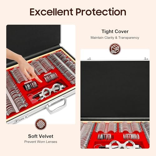Optical Trial Lens Set Kit(266 pcs), Metal Rim Aluminum Case,Precise Optical Trial Lens Set Metal Rim Optometry Box Kit with Optometry Test Trial Frame, Professional Eye Protection Accessories Set