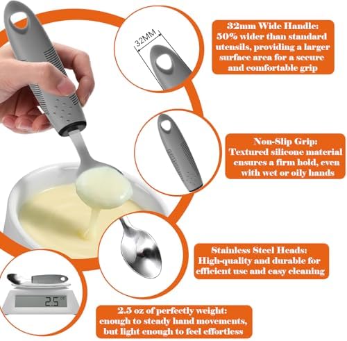 Adaptive Utensils with Adult Bibs for Women - 4pcs Weighted Utensils Set (2.5oz Each) for Hand Tremors, Elderly, Parkinson's, Arthritis - Non-Slip Easy Grip Handles for Independent Eating