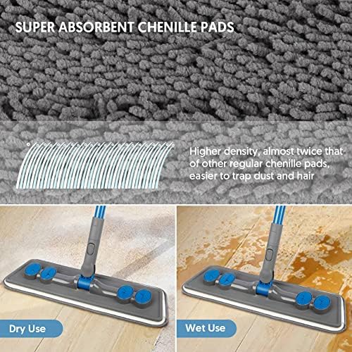 Microfibre Floor Mop for Cleaning Floors, Flat Mop for Laminate Wooden Vinyl Tile, Dust Wet Dry Use for Kitchen Bathroom Wall Cleaning with 3 Washable Chenille Pads