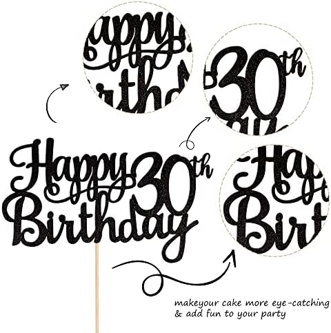 1 PCS Happy 30th Birthday Cake Topper Glitter Cheers to 30 Years Birthday Cake Pick 30 Fabulous Cake Decoration for Happy 30th Birthday Anniversary Party Decorations Supplies Black