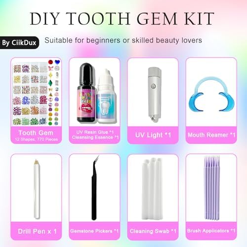 CiikDux DIY Tooth Jewelry Kit - 770 Crystals, 12 Shapes Bedazzle Gems, Teeth Jewelry Starter Set