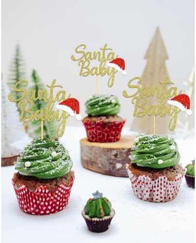 24pcs Glitter Christmas Santa Baby Cupcake Toppers, Christmas Hat Cupake toppers First Cake Decorations for Baby Shower Birthday Party Supplies (Baby B)