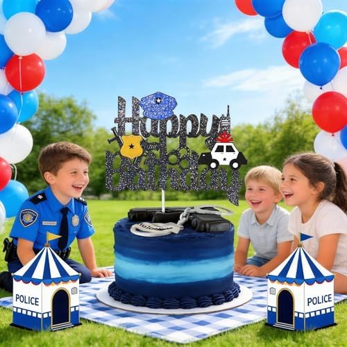 Police Themed Cake Toppers Policeman Cake Decoration for Birthday Baby Shower Party Police Retirement or Officer Academy Graduation Party Supplies Black