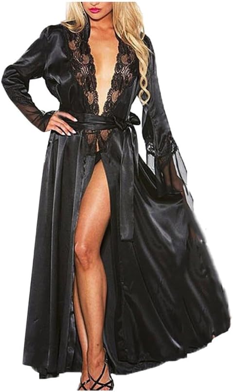 Generic Women's Lingerie Sexy Long Lingerie Kimono Bath Robe Sexy Dressing Gown Women Lace Silk