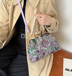 Vintage Embroidered Flower Handbag Retro Pearl Chain Crossbody Bag Clutch Kiss Lock Top Handle Shoulder Purse Wallet 2026