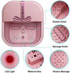 Collapsible Foot Bath Spa with heat and Massage Rollers, Foldable Foot Soak Tub with Bubbles Jets and LED light, Pedicure Foot Spa Massager with Foot Scrubber for Home Use (Pink)