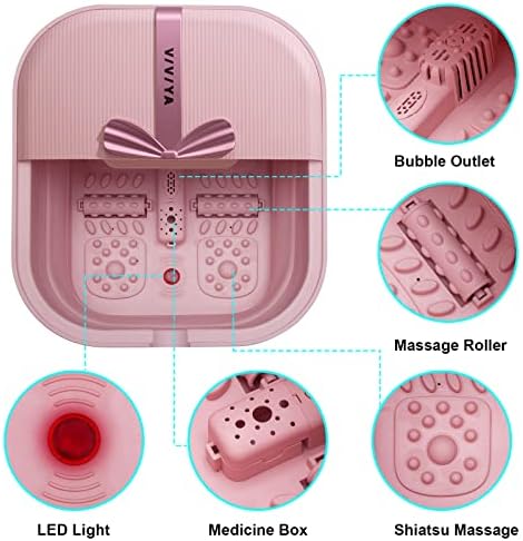 Collapsible Foot Bath Spa with heat and Massage Rollers, Foldable Foot Soak Tub with Bubbles Jets and LED light, Pedicure Foot Spa Massager with Foot Scrubber for Home Use (Pink)