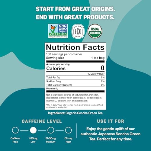 FGO Organic Sencha Green Tea, 100 Count, Eco-Conscious Tea Bags, Resealable Bag, Sourced From Japan, Packaging May Vary (Pack of 1)