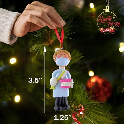 Santa Tell Me Personalized Dentist Ornament 2025 for Male Dental School Student, Assistant, or Graduate – Blonde Dentist Figurine Christmas Decoration Keepsake – Future Hygienist Gift